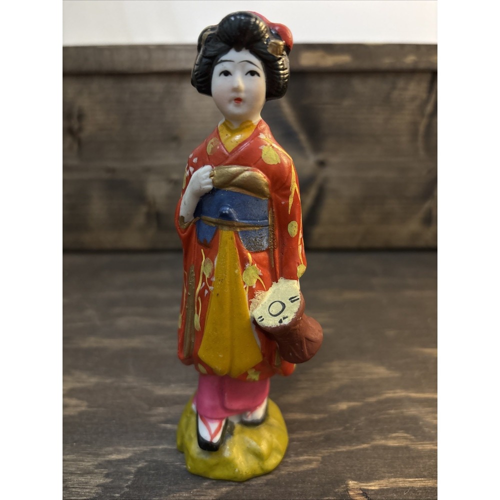 Vintage Hand-Painted Japanese Geisha Figurine Red Kimono Chalkware/Porcelain